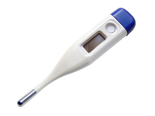 Digital thermometer with blue tip. This medical device is used for measuring body temperature, featuring an easy-to-read digital display, isolated on transparent background, png.