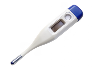 Digital thermometer with blue tip. This medical device is used for measuring body temperature, featuring an easy-to-read digital display, isolated on transparent background, png.