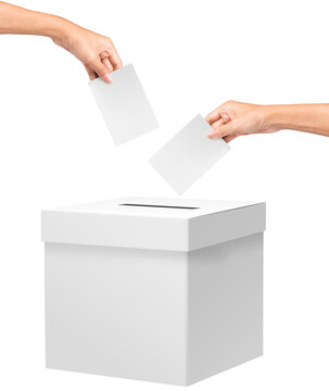 Close up of a ballot box and casting vote on white background. Voting box and election image. Hand holding paper inseting paper. Isolated on White Background.