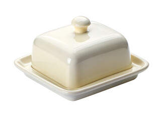 Ceramic butter dish with lid. This elegant dish is ideal for storing and serving butter, adding a touch of sophistication to your table, isolated on transparent background, png.
