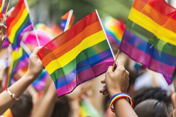 People holding LGBTQ flags