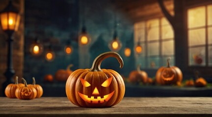 Obraz premium Hallowen Pumpkin Table Product Placement, blurry background