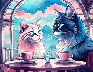 カフェでお茶する猫ちゃんたち