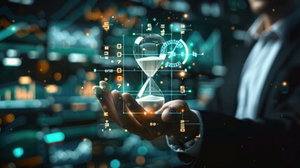 businessman hold hourglass on hand, time countdown, clock with sand, hologram data graph