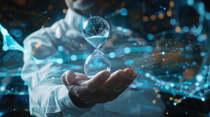 businessman hold hourglass on hand, time countdown, clock with sand, hologram data graph