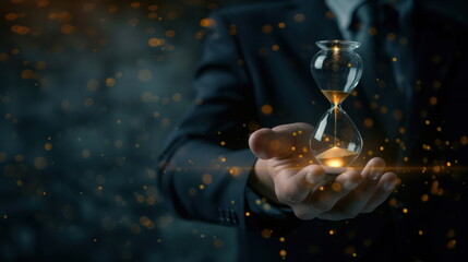 businessman hold hourglass on hand, time countdown, clock with sand, hologram data graph