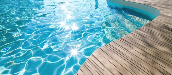 Obraz premium Inviting fiberglass swimming pool entrance step with crystal-clear blue water on a sunny summer day in a resort spa area. Teak or larch board deck adds a touch of elegance.