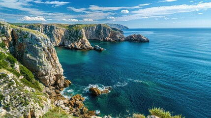 Fototapeta premium Serene seascape with calm blue waters reflecting the bright blue sky, perfect for relaxing travel imagery.