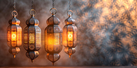 Obraz premium Golden lanterns with intricate Islamic patterns glowing warmly against a subtle grey background, invoking the spirit of Ramadan and Eid celebrations.