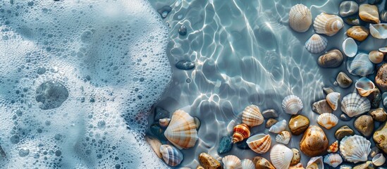 Naklejka na ściany i meble Engaging and Natural Title: Top View of Creative Background with Smooth Pebbles, Shells, and Waves Under Transparent Water