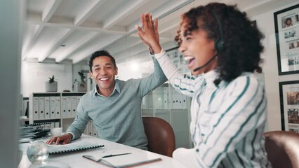 Happy people, consultant and high five with promotion in call center for achievement, success or teamwork at office. Excited agents or employees touching for congratulations in customer service