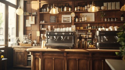 Vintage Charm, Cozy Cafe Interior with Wooden Accents