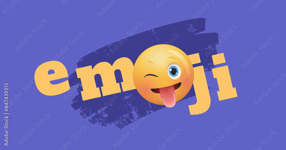 Poster image of emoji text with icon over data processing on blue background