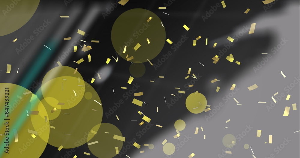 Poster image of confetti and light spots over data processing on black background