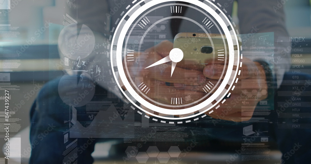 Poster image of clock and data processing over caucasian businessman using smartphone