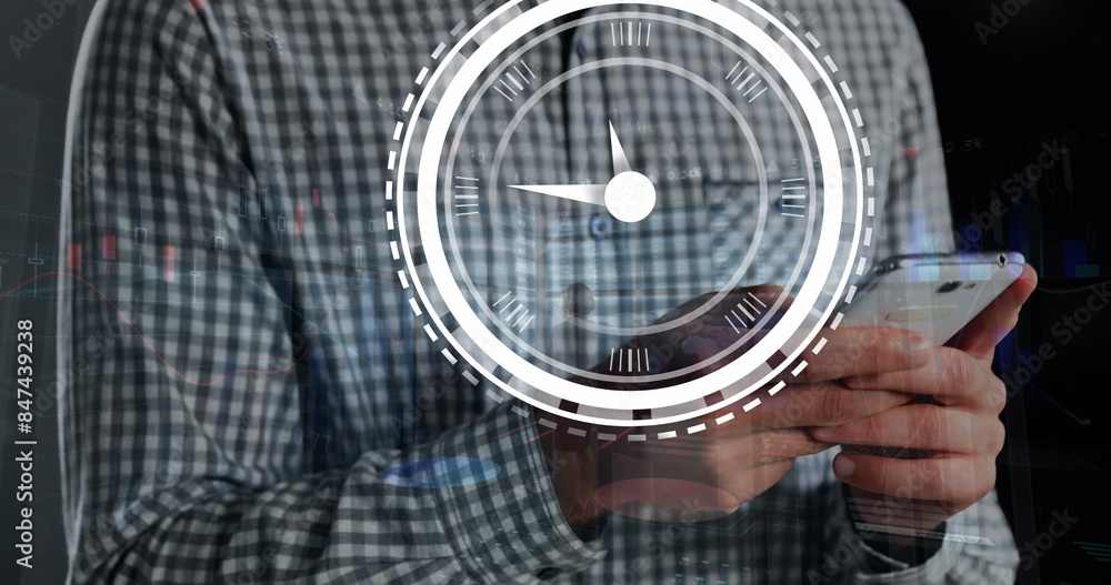 Poster image of clock and data processing over caucasian businessman using smartphone