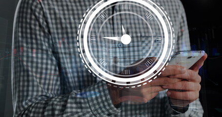 Image of clock and data processing over caucasian businessman using smartphone