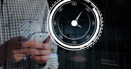 Image of clock and data processing over caucasian businessman using smartphone