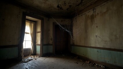  Cobwebs hang like veils in the corners of the scary room, hinting at its long-abandoned secrets ai_generated