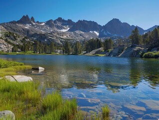Majestic Mountain Serenity - Scenic Tranquility with Crystal Clear Lake and Blue Sky