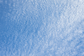 Beautiful blue sky with high Cirrocumulus white clouds, textured nature background
