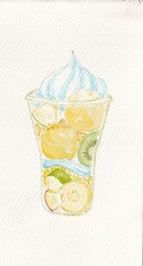 Mixed fruits parfait ice cream topped with whipped cream and fresh kiwi apple banana and cracker crumble . Watercolor painting.