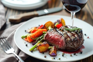 Exquisite Gourmet Steak Dinner with Roasted Vegetables and Red Wine Pairing