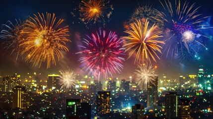 Dazzling Night Sky: Colorful Fireworks Illuminating Cityscape