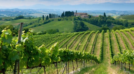 Fototapeta premium Serene Vineyard Landscape with Rows of Grapevines and Winery in the Distance
