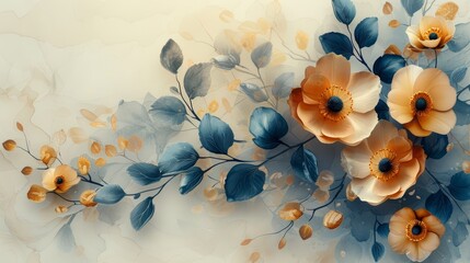 A delicate arrangement of blue leaves and soft, peach-colored flowers on a light background.
