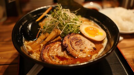 Savory Ramen Delight: Appetizing Bowl of Fresh Ingredients, Chopsticks, and Flavorful Broth