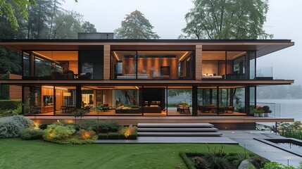 Contemporary Lake House Home- wooden facade