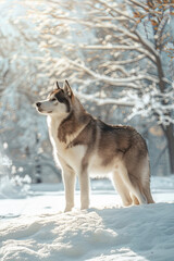 Obraz premium Proud Alaskan Malamute standing in snowy landscape, side profile, snow-covered trees, bright sky.