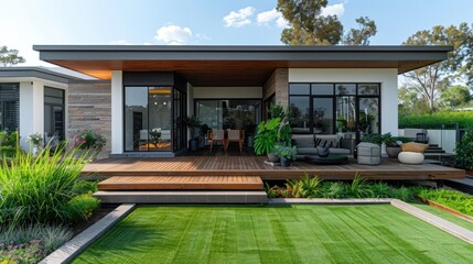Modern Home with Wooden Deck and Lush Greenery
