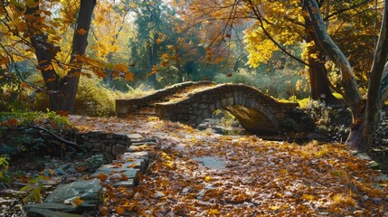 Autumn park scene featuring a small stone bridge surrounded by trees and fallen leaves
