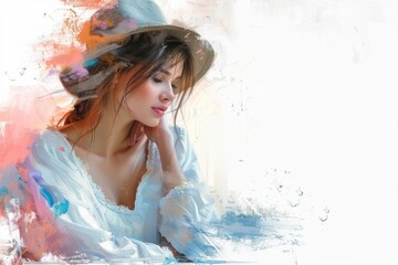 A woman acting, romantic drama, impressionist painting, pastel colors, isolated on white background