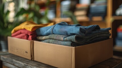 Cozy Sweaters in a Cardboard Box in Rustic Interiors with Warm Lighting
