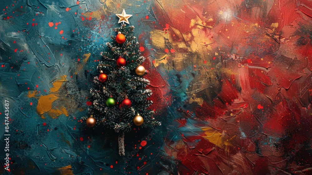 Poster handcrafted christmas tree on colorful background from above viewing angle