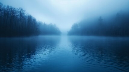 Fototapeta premium Mysterious Foggy Lake Amid Bare Trees at Dusk in Blue Tones