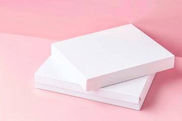 Two white boxes mockup, one is bigger than the other laying on top of each other, pastel color background, minimalistic style, studio shot, top view