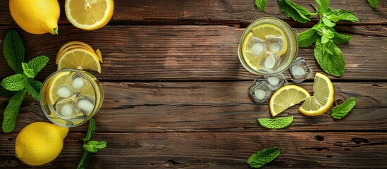 Top view of lemonade glasses with lemon, mint, and ice on a wooden table, providing ample space for text.