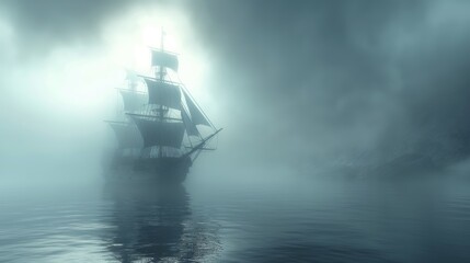 Fototapeta premium Mystic Sailing Ship in Foggy Waters with Eerie Atmosphere