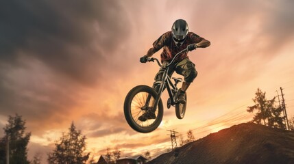 A man is riding a bike in the air, with the sky behind him
