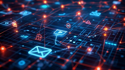 Obraz premium Digital Network Connections with Glowing Icons in Futuristic Cyber Grid