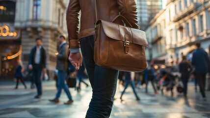 Fototapeta premium Urban Businessman Walking with Leather Briefcase in Bustling City Street