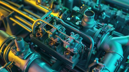 Factory hydraulic system diagram, close-up, engineering focus, no humans, technical layout, ambient light 