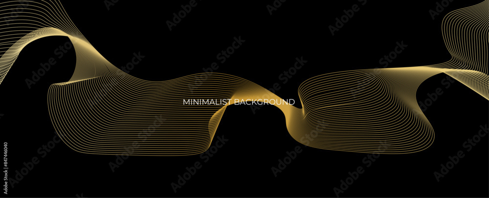 Wall mural Abstract black background with gold curve lines element. Luxury golden lines design concept. Modern graphic pattern. Minimal style gradient line stripes. banner, card, cover. Vector illustration - Wall murals