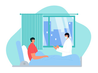 Young doctor visiting young patient at hospital. Medicine vector illustration