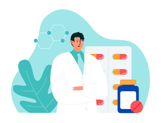 Happy doctor standing confidently with medicine. Medicine vector illustration