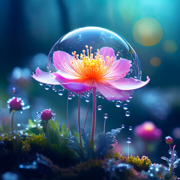 psychedelic flower with lightful bubble bloom standing in forest clearing digital art